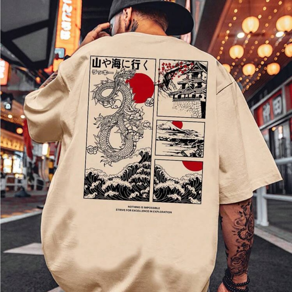 LEGND Loose Fit Men's Japanese Letter & Dragon Print Drop Shoulder T-Shirt